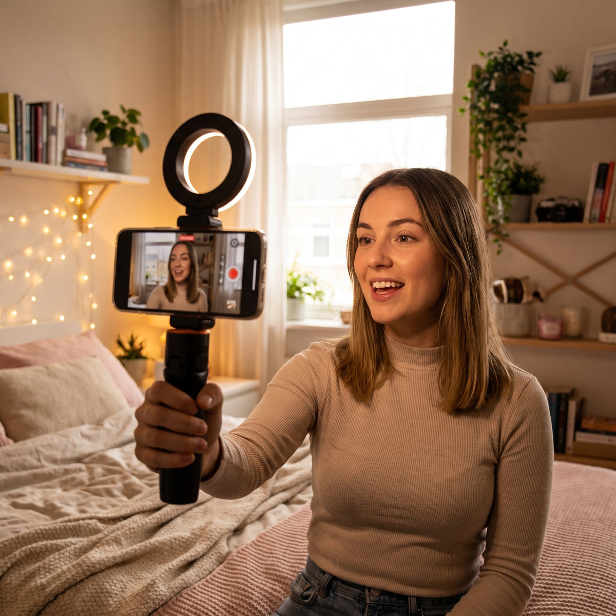 Creadora de contenido grabando con la luz selfie