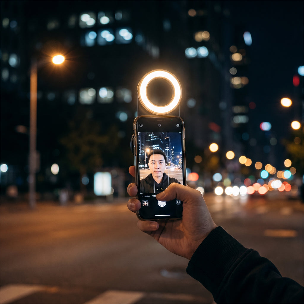 Tomando una selfie de noche con la luz