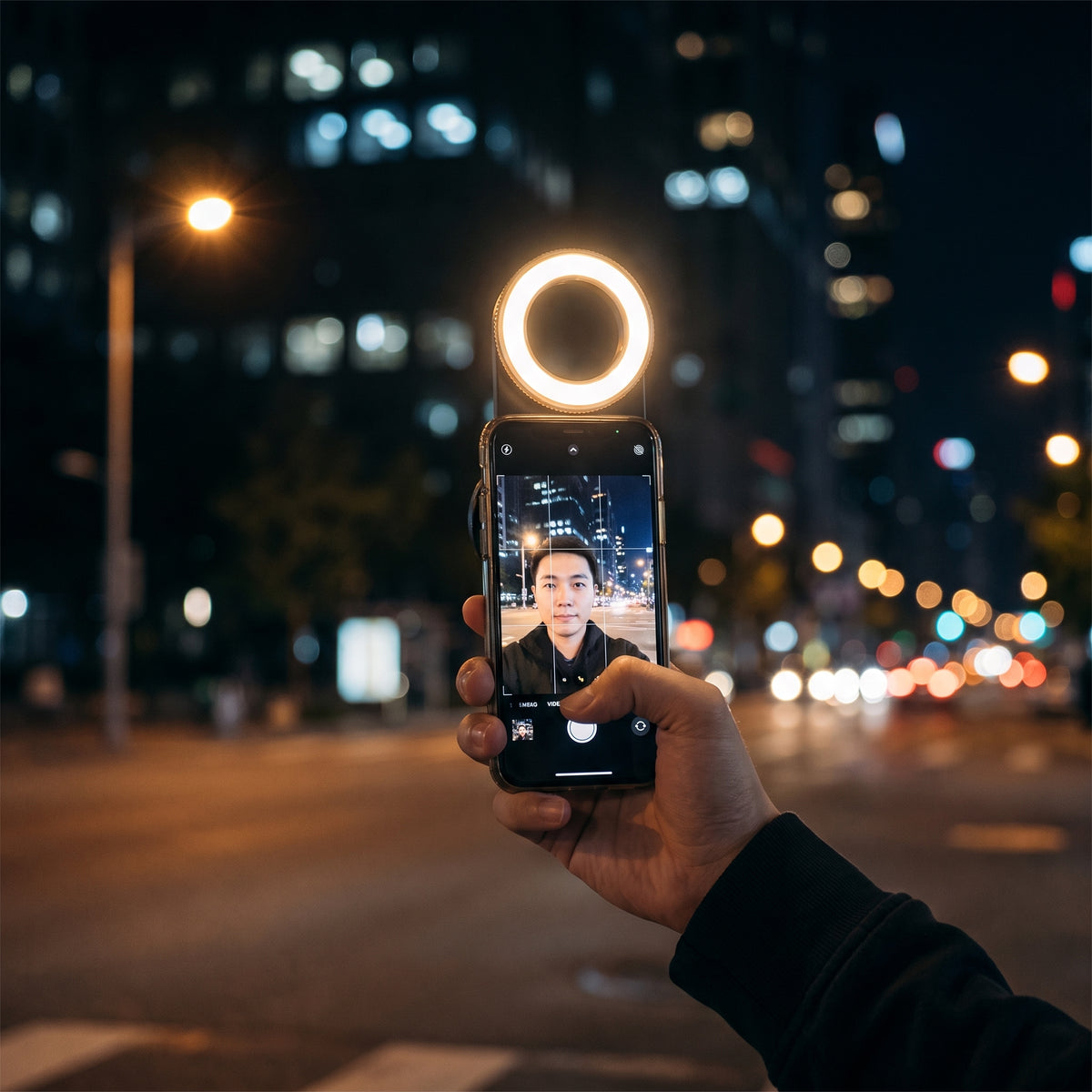 Tomando una selfie de noche con la luz