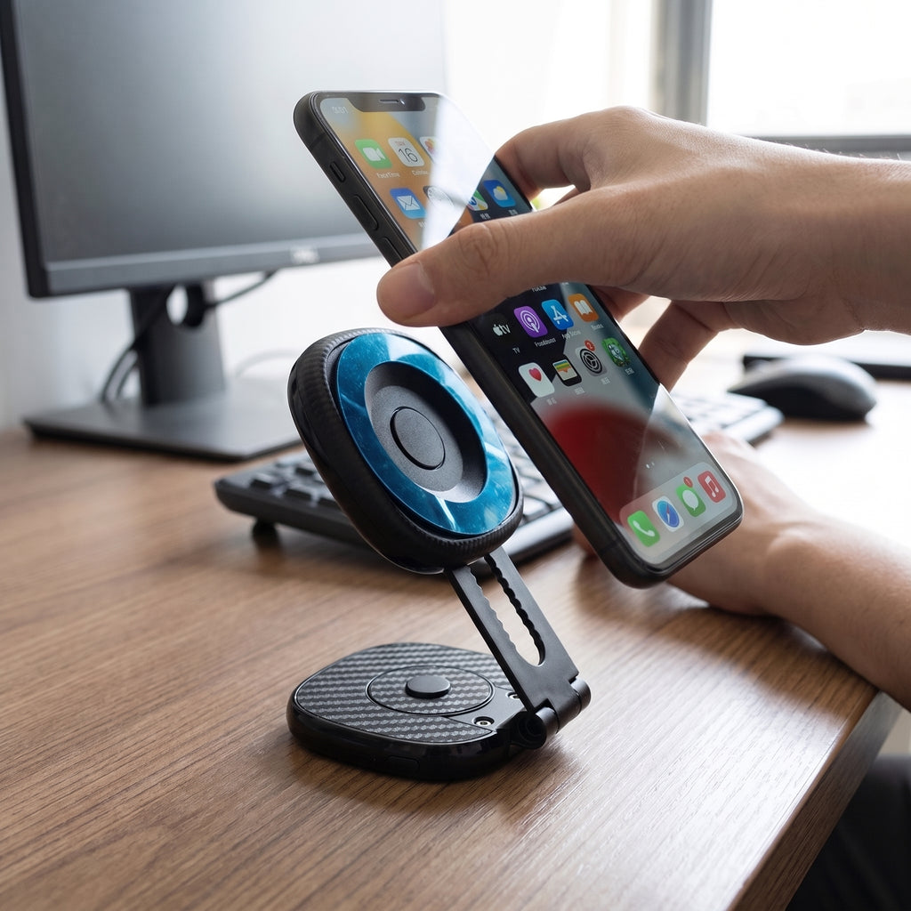 Pegando el celular al soporte en un escritorio