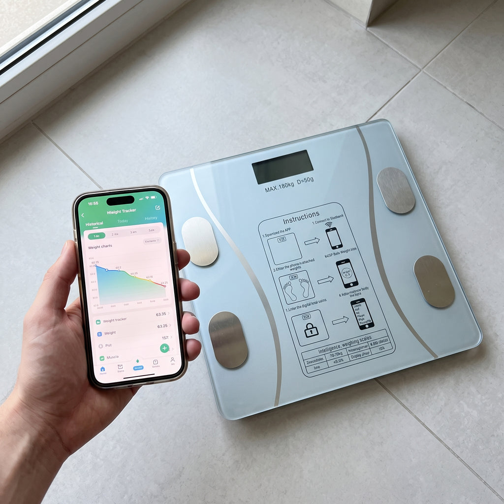 Báscula Inteligente blanca con app de teléfono