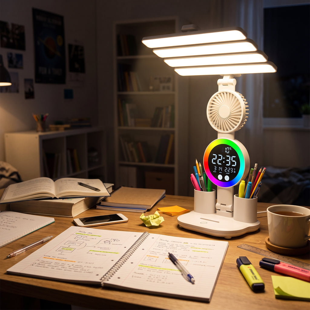 Lámpara Ventilador Cozy en escritorio de noche