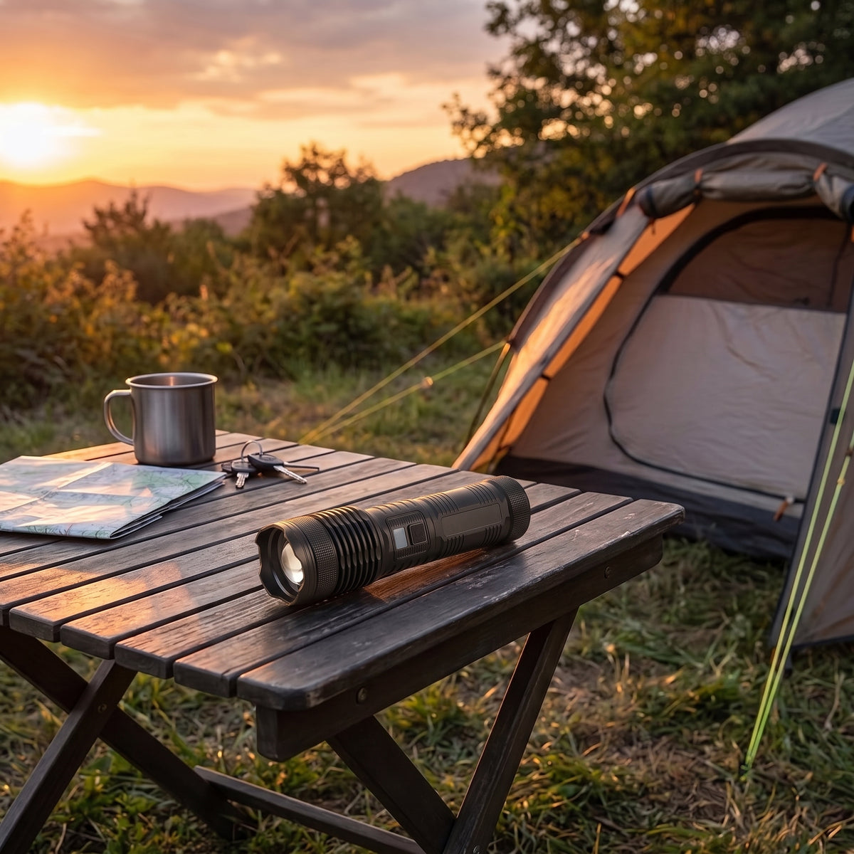 Linterna en mesa de camping