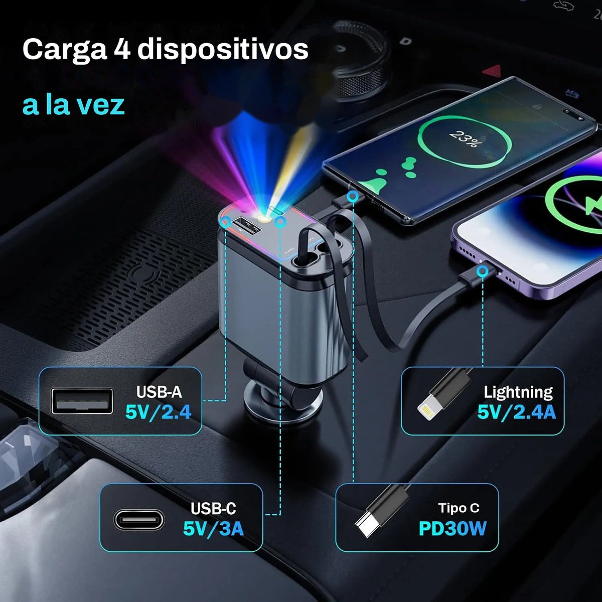 Cargador para carro: carga 4 dispositivos a la vez