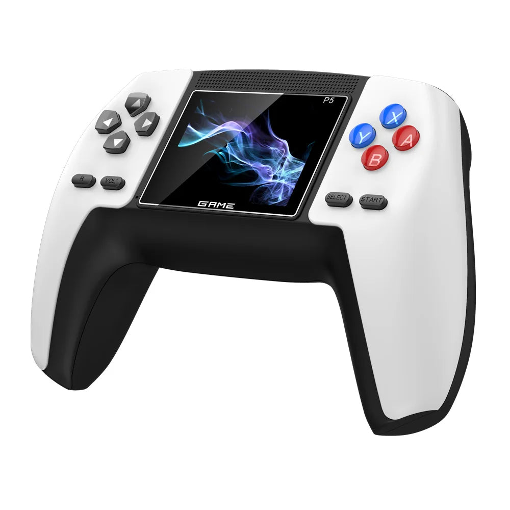 Consola retro P5 blanca vista de frente con la pantalla encendida