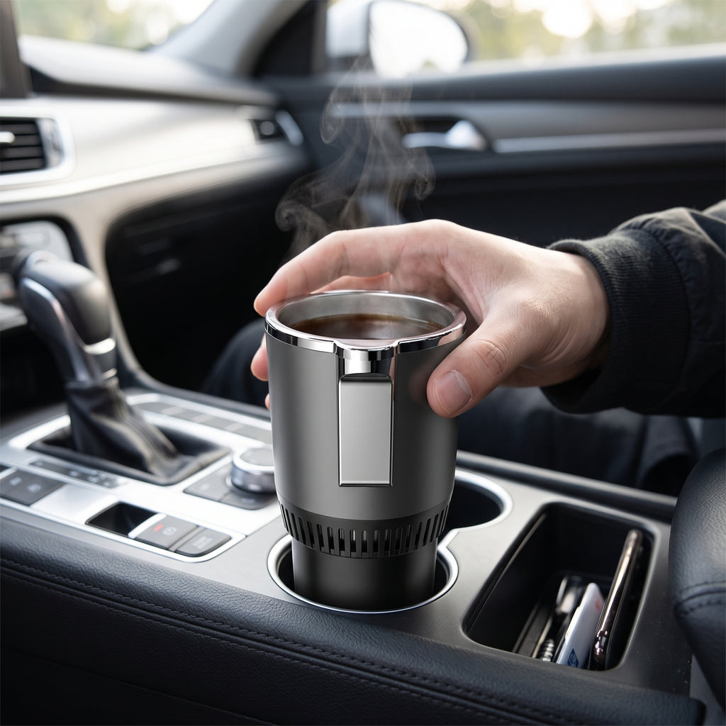 Taza Eléctrica Térmica en mano dentro del carro